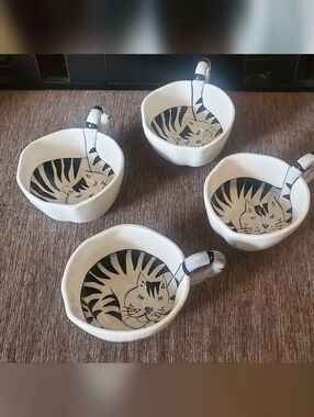 Pier 1 White and Black Cat Pattern Ceramic Bowls with Handles